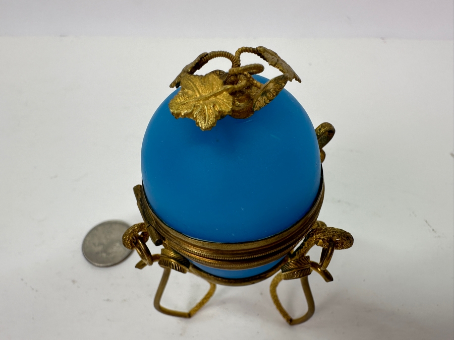 Antique Opaline Glass: Blue Egg Box With Gilt Metal Ornamentation 3.75'H Client Paid $250 [Photo 5]