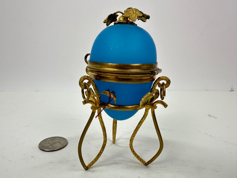 Antique Opaline Glass: Blue Egg Box With Gilt Metal Ornamentation 3.75'H Client Paid $250 [Photo 6]