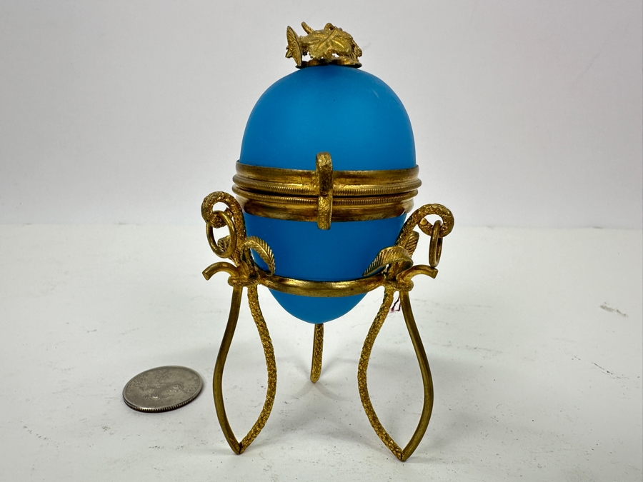 Antique Opaline Glass: Blue Egg Box With Gilt Metal Ornamentation 3.75'H Client Paid $250 [Photo 3]