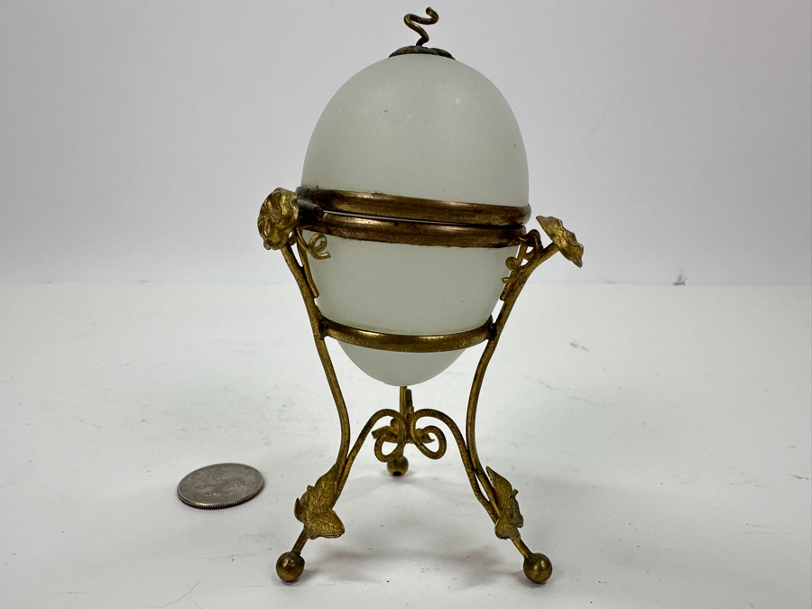 Antique Opaline Glass: White Egg Box With Gilt Metal Ornamentation 4.5'H Client Paid $210 [Photo 4]