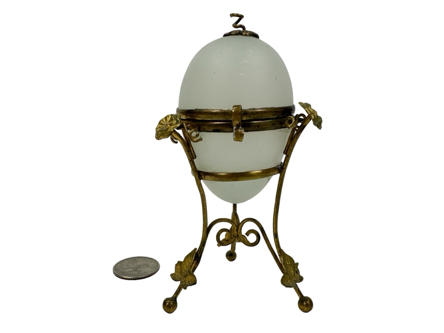 Antique Opaline Glass: White Egg Box With Gilt Metal Ornamentation 4.5'H Client Paid $210 [Photo 1]