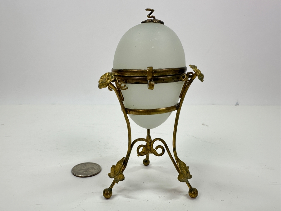 Antique Opaline Glass: White Egg Box With Gilt Metal Ornamentation 4.5'H Client Paid $210 [Photo 2]