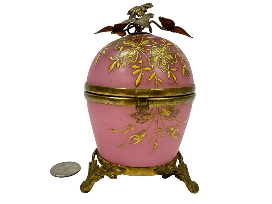 Antique Opaline Glass: Stunning Pink Hinged Egg Box With Doree Leaves Top And Feet 4.5'H Client Paid $315 [Photo 1]