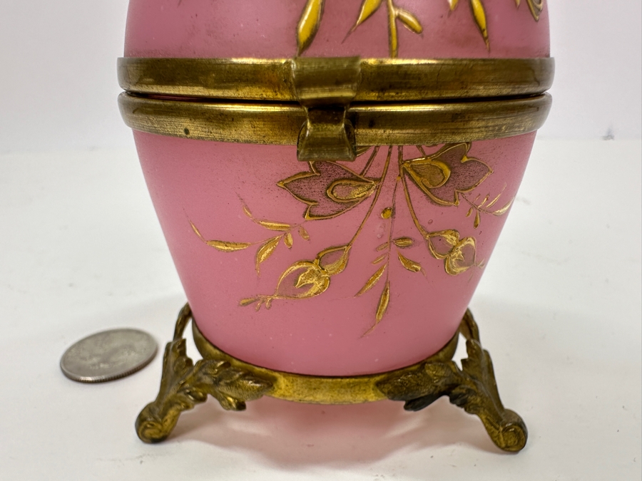 Antique Opaline Glass: Stunning Pink Hinged Egg Box With Doree Leaves Top And Feet 4.5'H Client Paid $315 [Photo 4]