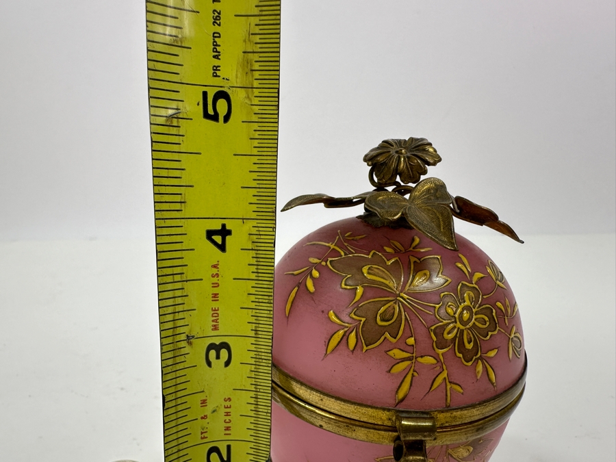 Antique Opaline Glass: Stunning Pink Hinged Egg Box With Doree Leaves Top And Feet 4.5'H Client Paid $315 [Photo 12]