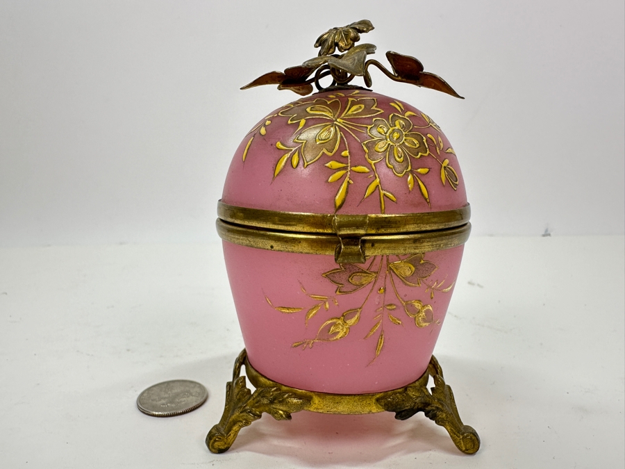 Antique Opaline Glass: Stunning Pink Hinged Egg Box With Doree Leaves Top And Feet 4.5'H Client Paid $315 [Photo 2]