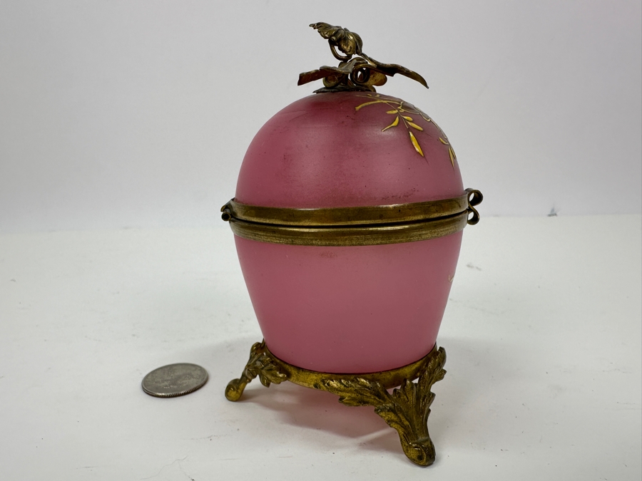 Antique Opaline Glass: Stunning Pink Hinged Egg Box With Doree Leaves Top And Feet 4.5'H Client Paid $315 [Photo 5]