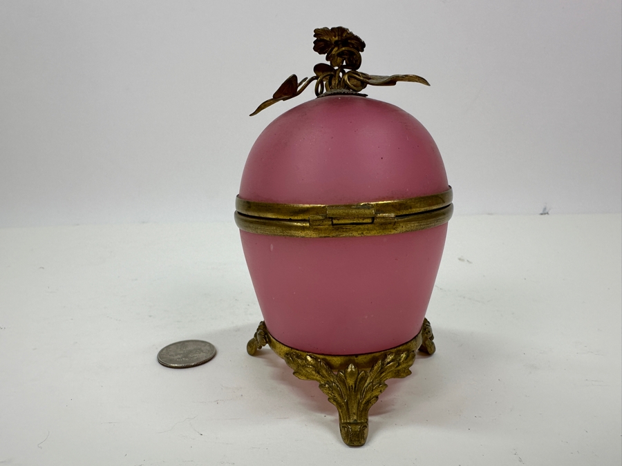 Antique Opaline Glass: Stunning Pink Hinged Egg Box With Doree Leaves Top And Feet 4.5'H Client Paid $315 [Photo 6]