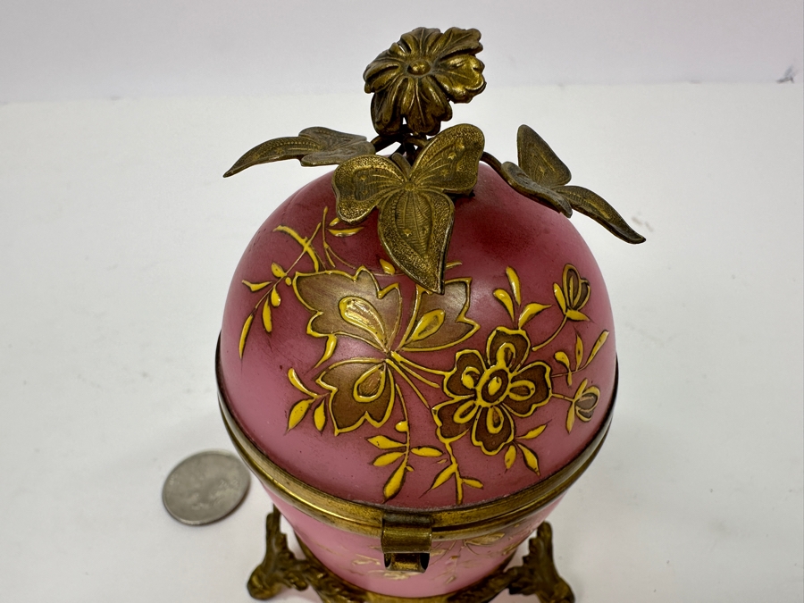 Antique Opaline Glass: Stunning Pink Hinged Egg Box With Doree Leaves Top And Feet 4.5'H Client Paid $315 [Photo 3]
