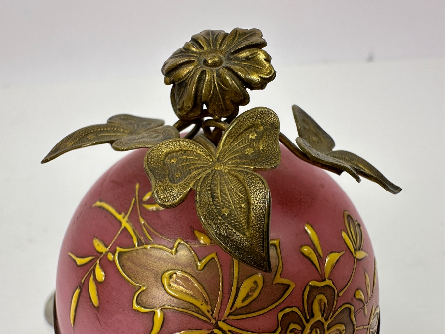 Antique Opaline Glass: Stunning Pink Hinged Egg Box With Doree Leaves Top And Feet 4.5'H Client Paid $315 [Photo 8]