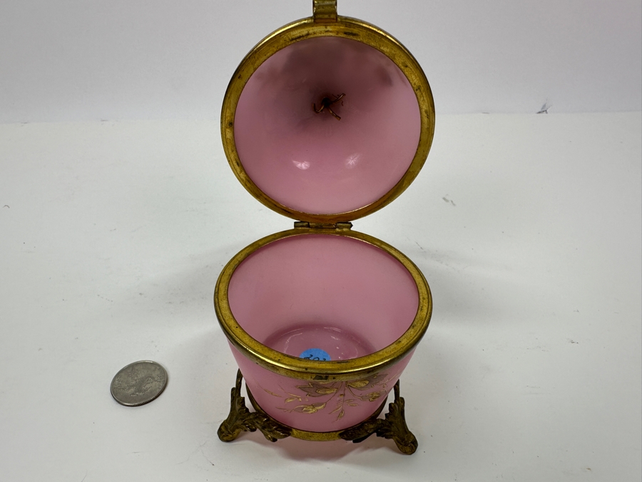 Antique Opaline Glass: Stunning Pink Hinged Egg Box With Doree Leaves Top And Feet 4.5'H Client Paid $315 [Photo 10]
