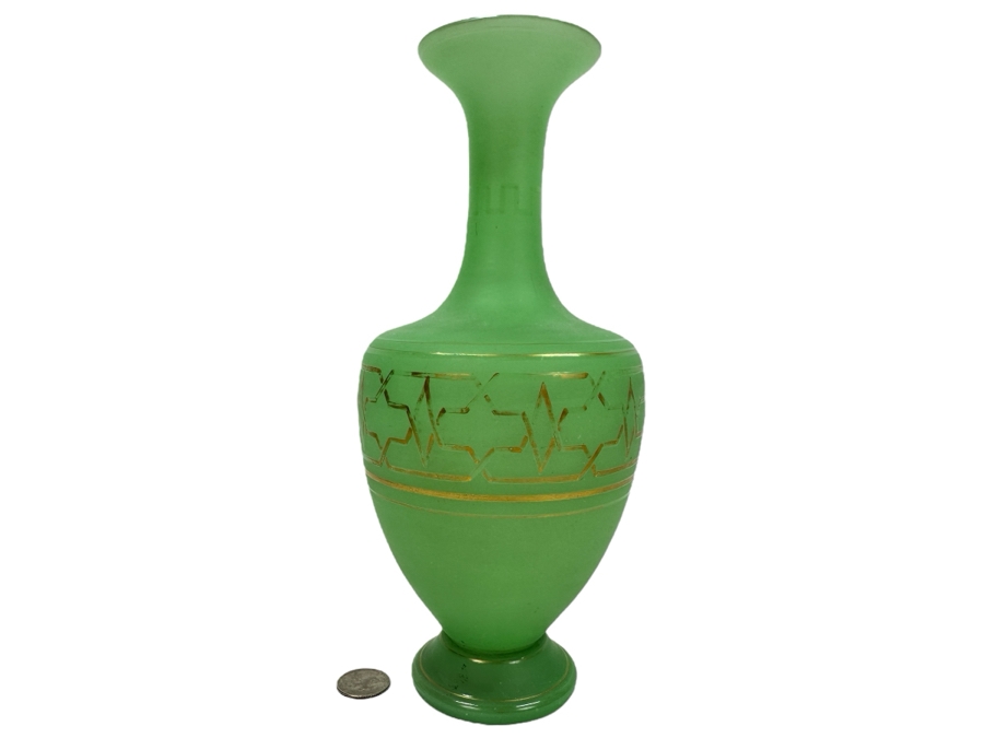 Antique Opaline Glass: Green Vase With Gold Decor 10'H Appraised $110 [Photo 1]