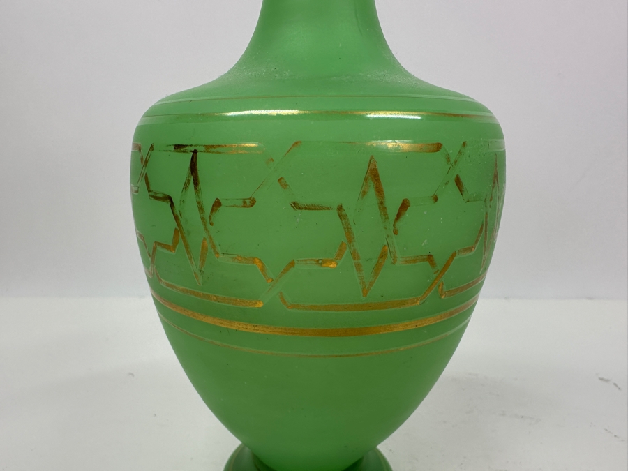 Antique Opaline Glass: Green Vase With Gold Decor 10'H Appraised $110 [Photo 4]