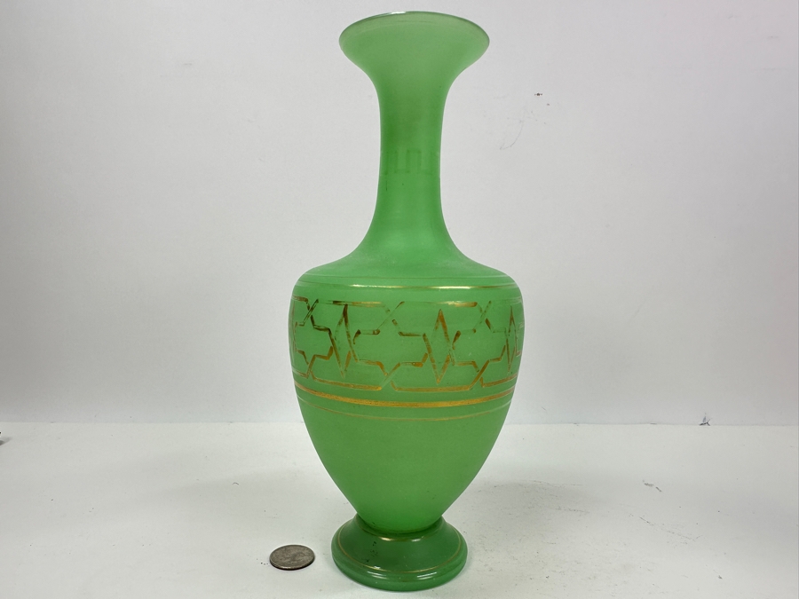 Antique Opaline Glass: Green Vase With Gold Decor 10'H Appraised $110 [Photo 2]