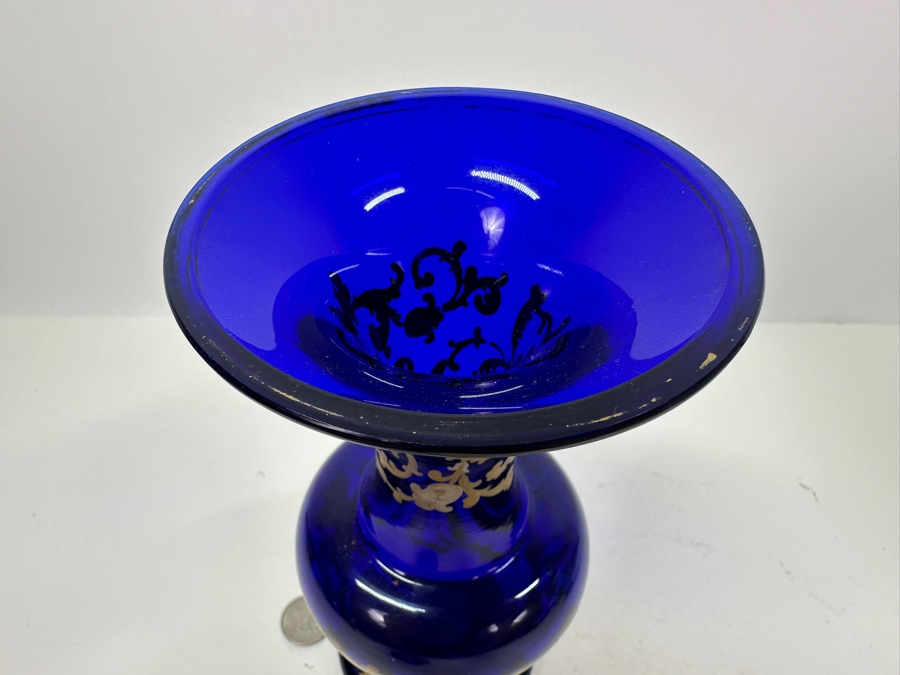 Vintage Cobalt Blue Glass Vase With Gold Decor 8.75'H [Photo 5]