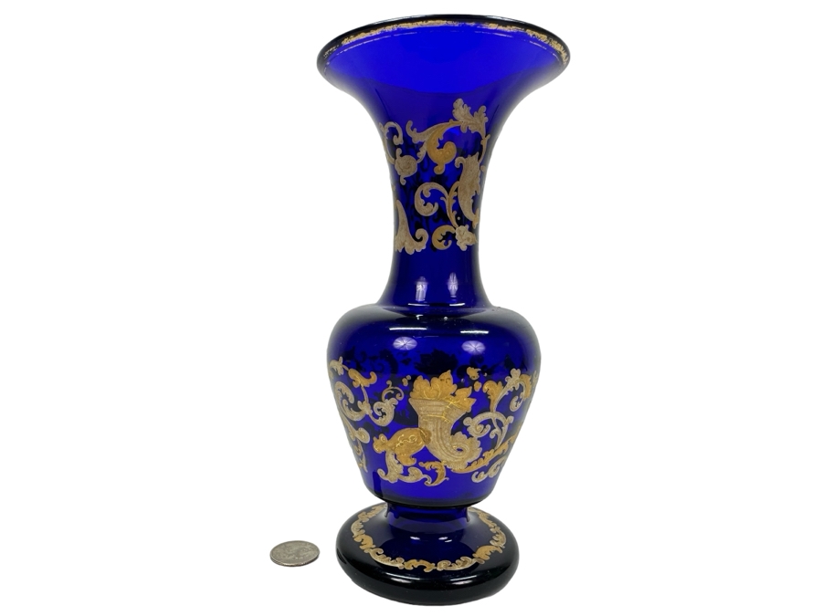Vintage Cobalt Blue Glass Vase With Gold Decor 8.75'H [Photo 1]