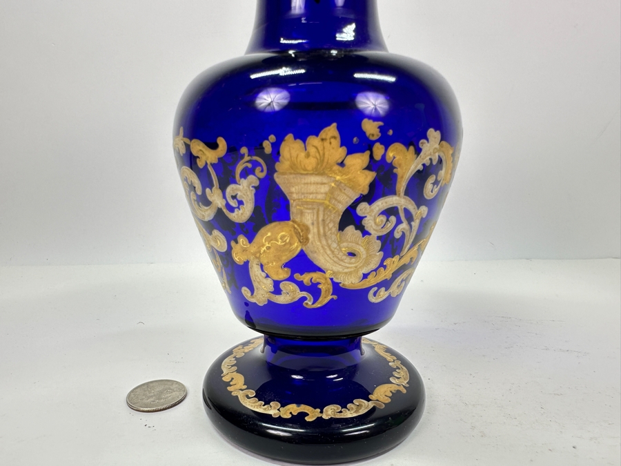 Vintage Cobalt Blue Glass Vase With Gold Decor 8.75'H [Photo 3]