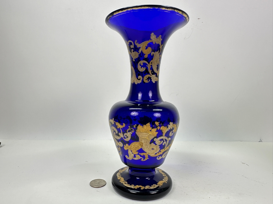 Vintage Cobalt Blue Glass Vase With Gold Decor 8.75'H [Photo 2]