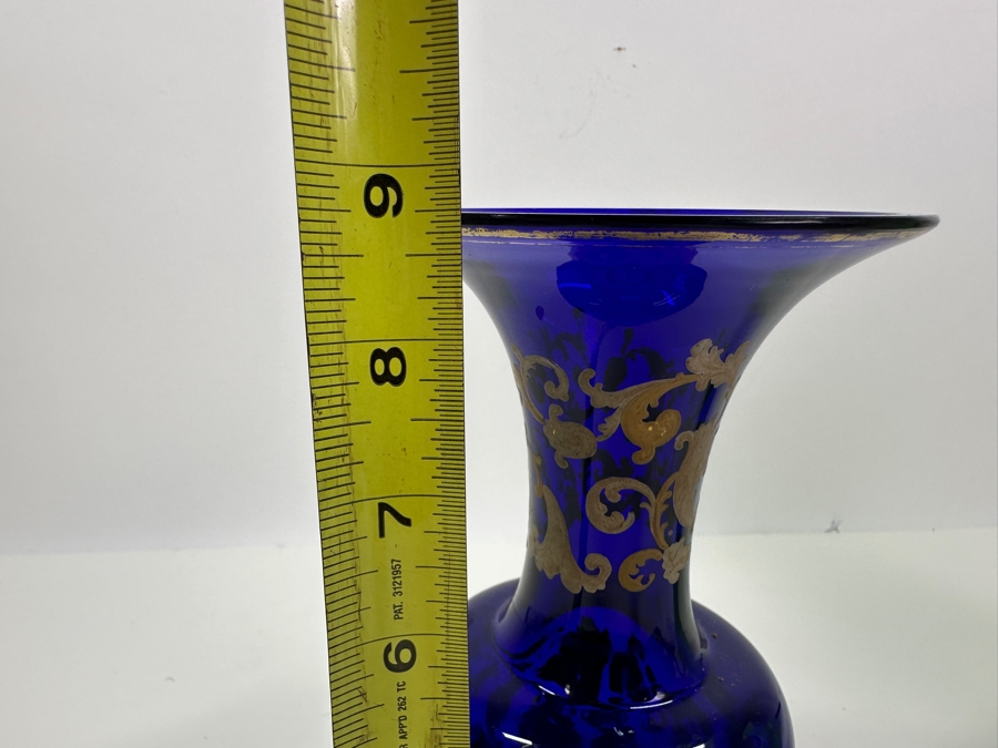 Vintage Cobalt Blue Glass Vase With Gold Decor 8.75'H [Photo 7]