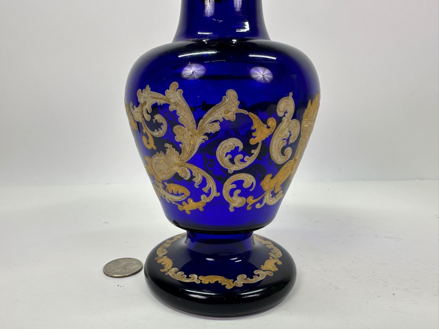 Vintage Cobalt Blue Glass Vase With Gold Decor 8.75'H [Photo 4]
