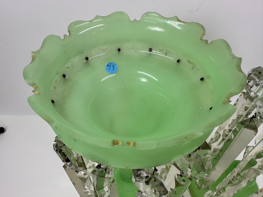 Antique Opaline Glass: Stunning Pair Of Light Green Lustres With Crystal Prisms Chips In Rim & Base 12.5'H Appraised $800 [Photo 5]