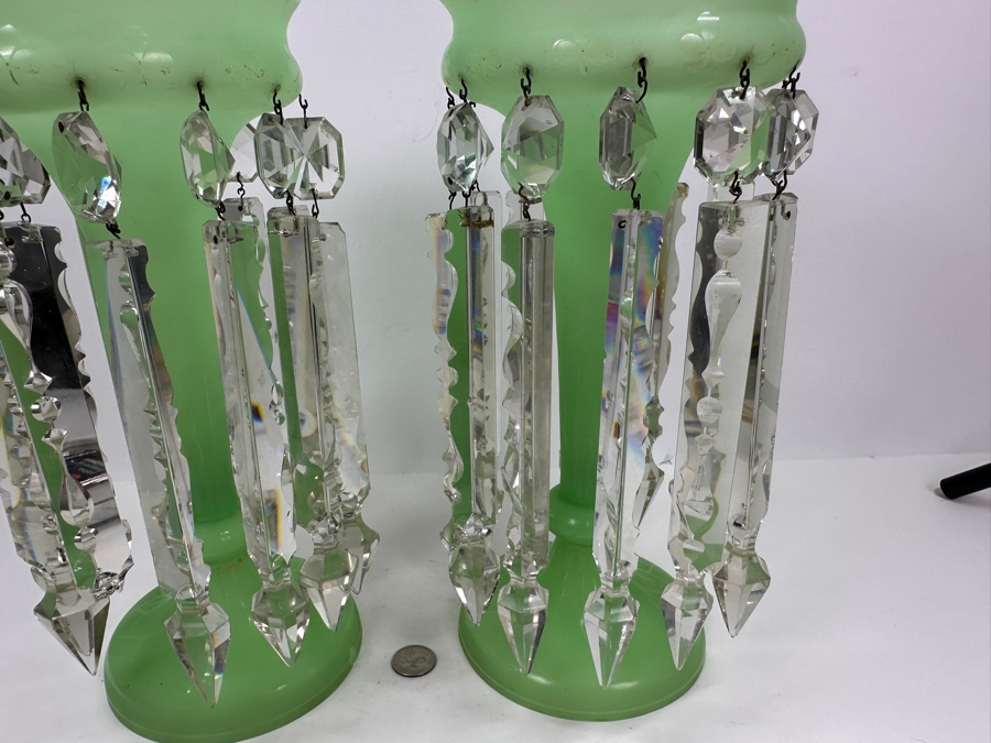 Antique Opaline Glass: Stunning Pair Of Light Green Lustres With Crystal Prisms Chips In Rim & Base 12.5'H Appraised $800 [Photo 11]