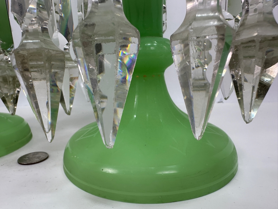 Antique Opaline Glass: Stunning Pair Of Light Green Lustres With Crystal Prisms Chips In Rim & Base 12.5'H Appraised $800 [Photo 13]