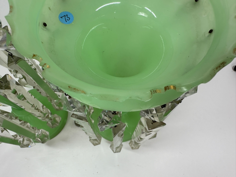 Antique Opaline Glass: Stunning Pair Of Light Green Lustres With Crystal Prisms Chips In Rim & Base 12.5'H Appraised $800 [Photo 8]