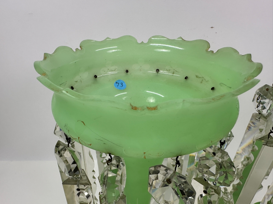 Antique Opaline Glass: Stunning Pair Of Light Green Lustres With Crystal Prisms Chips In Rim & Base 12.5'H Appraised $800 [Photo 9]