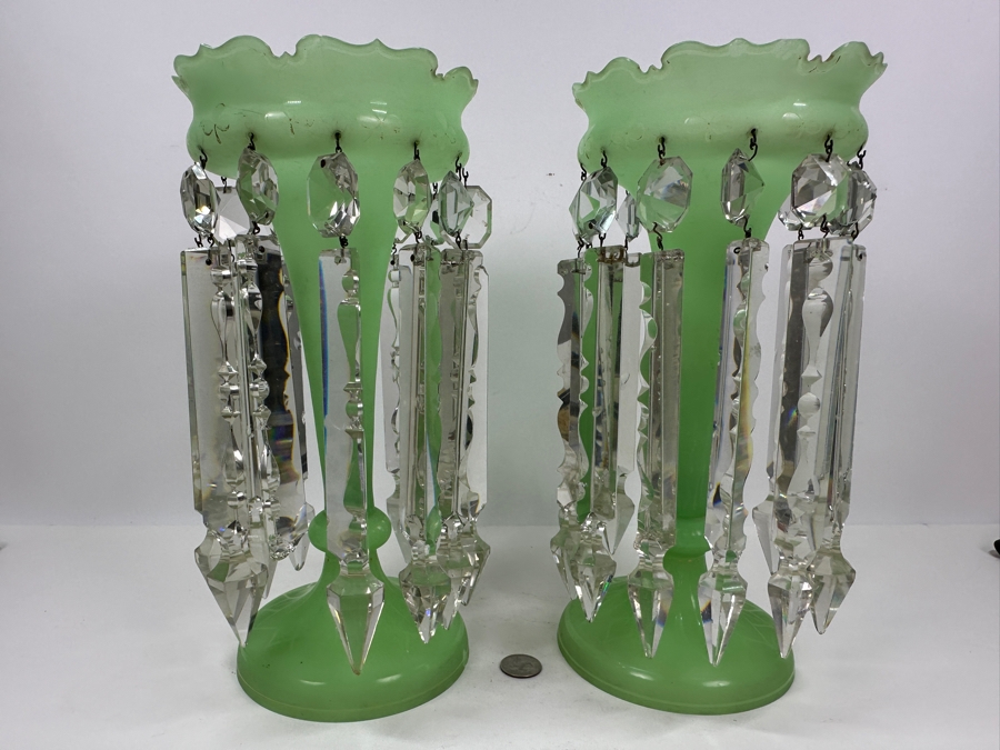 Antique Opaline Glass: Stunning Pair Of Light Green Lustres With Crystal Prisms Chips In Rim & Base 12.5'H Appraised $800 [Photo 2]