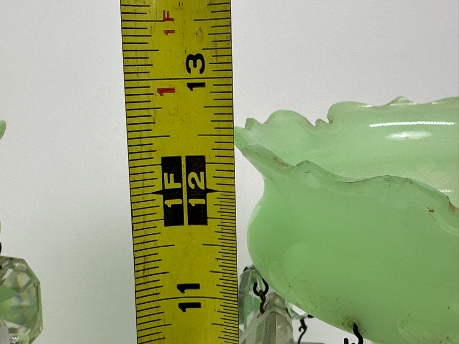 Antique Opaline Glass: Stunning Pair Of Light Green Lustres With Crystal Prisms Chips In Rim & Base 12.5'H Appraised $800 [Photo 17]