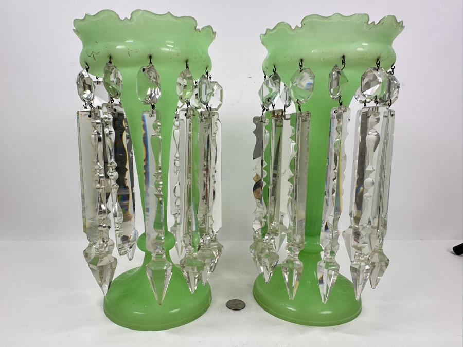 Antique Opaline Glass: Stunning Pair Of Light Green Lustres With Crystal Prisms Chips In Rim & Base 12.5'H Appraised $800 [Photo 3]