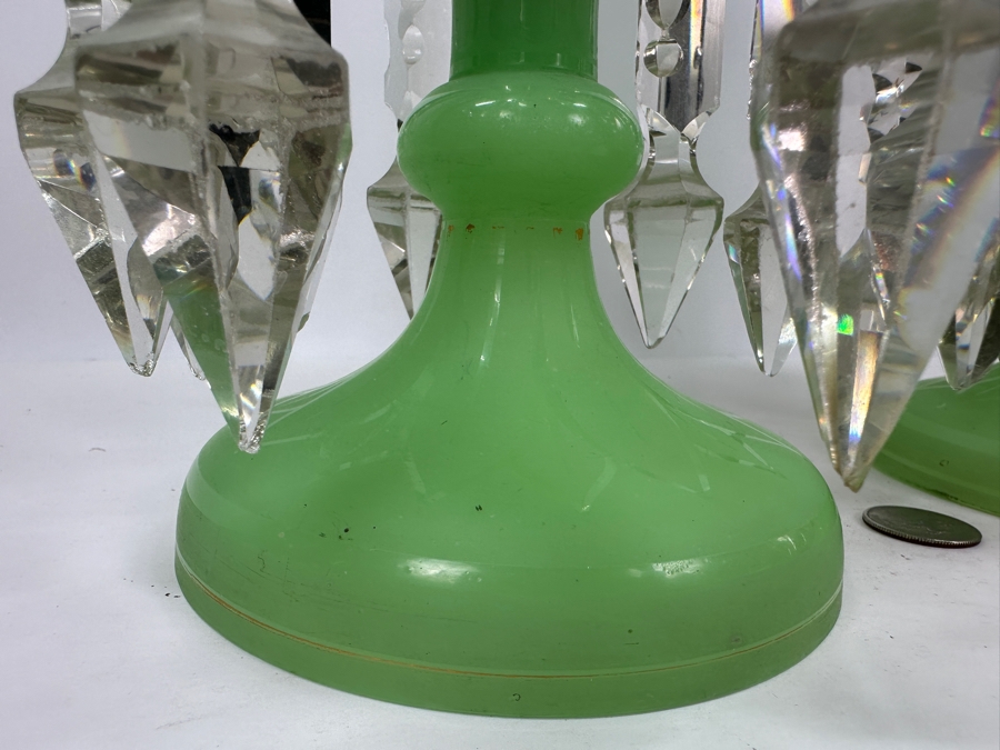 Antique Opaline Glass: Stunning Pair Of Light Green Lustres With Crystal Prisms Chips In Rim & Base 12.5'H Appraised $800 [Photo 12]