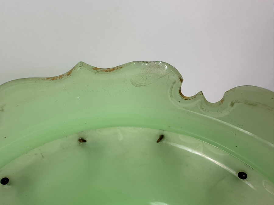 Antique Opaline Glass: Stunning Pair Of Light Green Lustres With Crystal Prisms Chips In Rim & Base 12.5'H Appraised $800 [Photo 7]