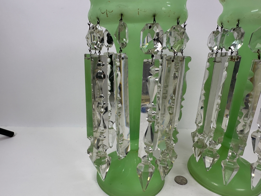 Antique Opaline Glass: Stunning Pair Of Light Green Lustres With Crystal Prisms Chips In Rim & Base 12.5'H Appraised $800 [Photo 10]