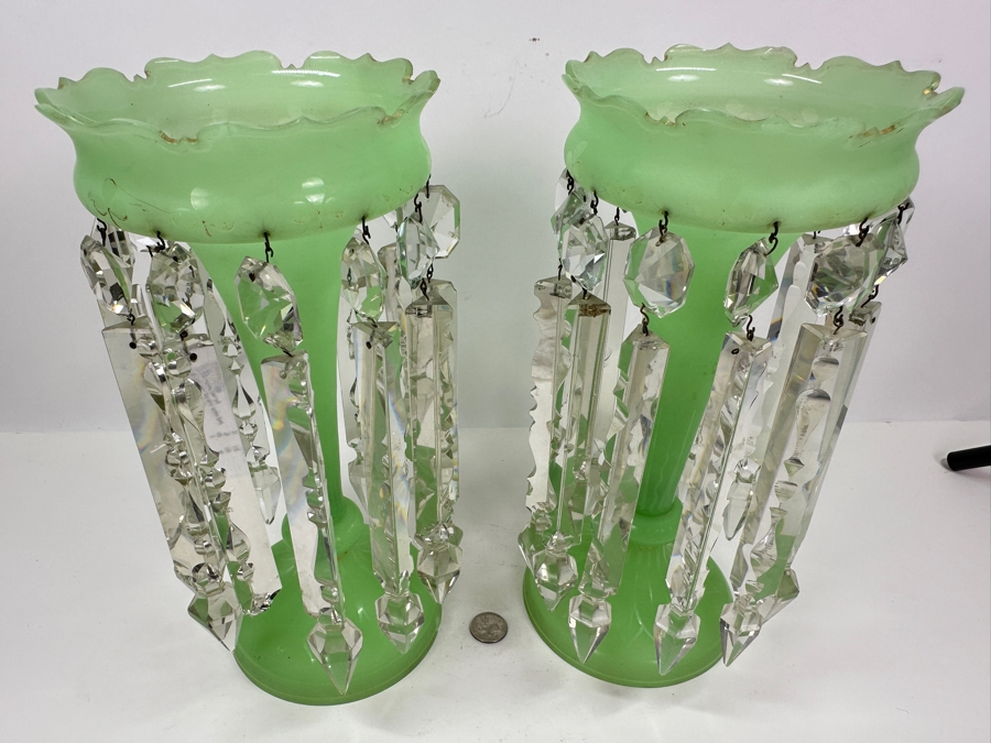 Antique Opaline Glass: Stunning Pair Of Light Green Lustres With Crystal Prisms Chips In Rim & Base 12.5'H Appraised $800 [Photo 4]