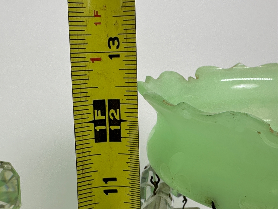 Antique Opaline Glass: Stunning Pair Of Light Green Lustres With Crystal Prisms Chips In Rim & Base 12.5'H Appraised $800 [Photo 16]