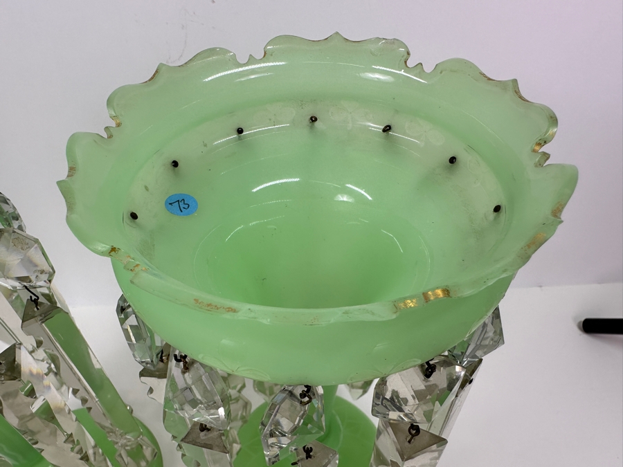 Antique Opaline Glass: Stunning Pair Of Light Green Lustres With Crystal Prisms Chips In Rim & Base 12.5'H Appraised $800 [Photo 6]