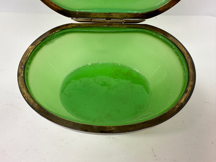 Antique Opaline Glass: Oval Green Box With Gold Decor 5'W X 3.5'D X 3.25'H Appraised $700 [Photo 10]