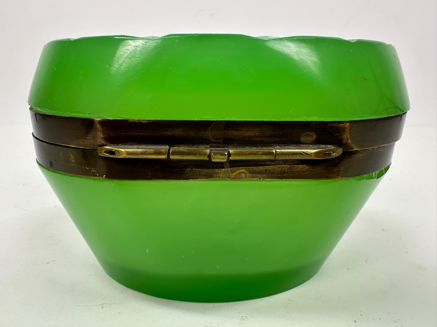 Antique Opaline Glass: Oval Green Box With Gold Decor 5'W X 3.5'D X 3.25'H Appraised $700 [Photo 6]