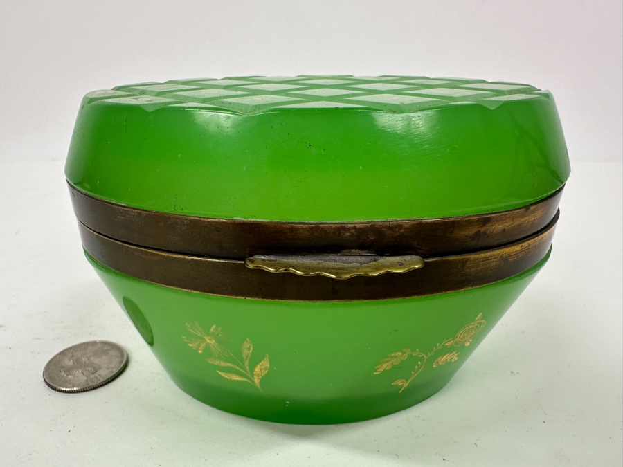Antique Opaline Glass: Oval Green Box With Gold Decor 5'W X 3.5'D X 3.25'H Appraised $700 [Photo 2]