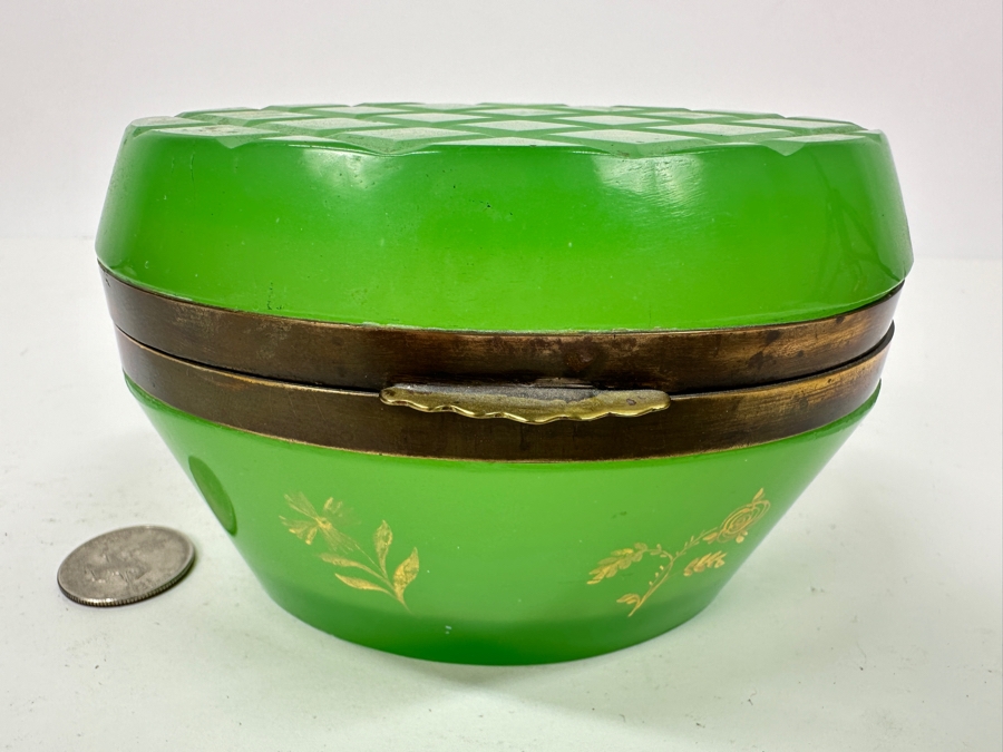 Antique Opaline Glass: Oval Green Box With Gold Decor 5'W X 3.5'D X 3.25'H Appraised $700 [Photo 3]