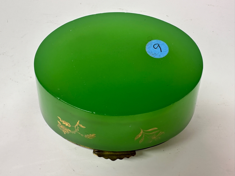 Antique Opaline Glass: Oval Green Box With Gold Decor 5'W X 3.5'D X 3.25'H Appraised $700 [Photo 11]