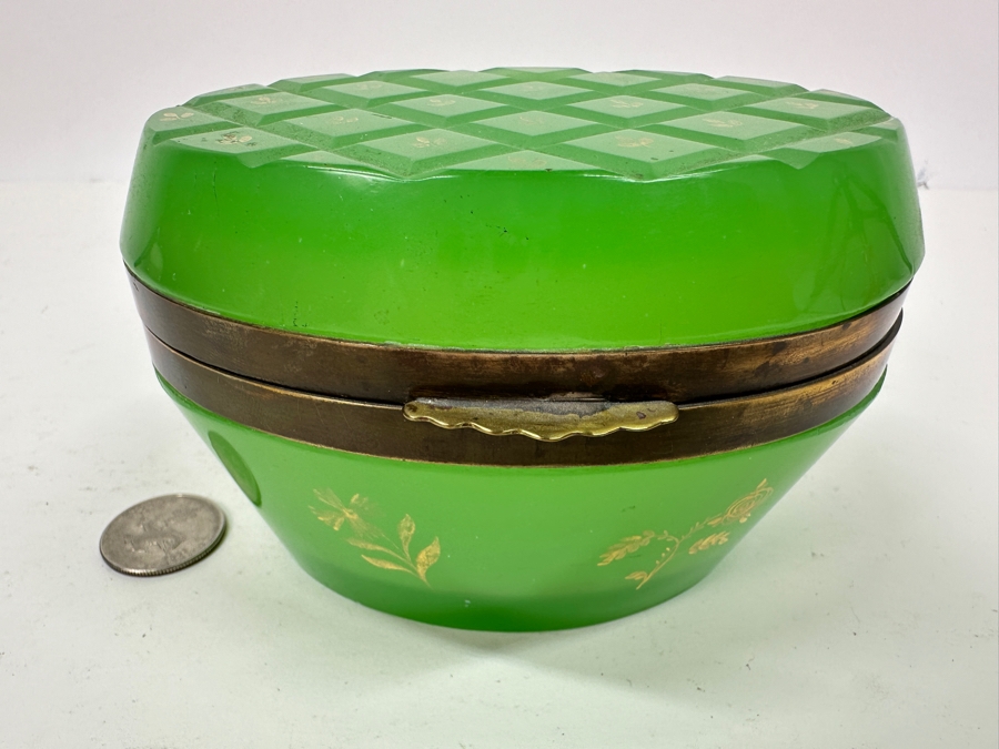 Antique Opaline Glass: Oval Green Box With Gold Decor 5'W X 3.5'D X 3.25'H Appraised $700 [Photo 5]