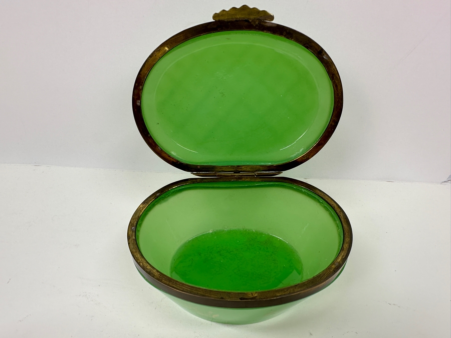 Antique Opaline Glass: Oval Green Box With Gold Decor 5'W X 3.5'D X 3.25'H Appraised $700 [Photo 8]