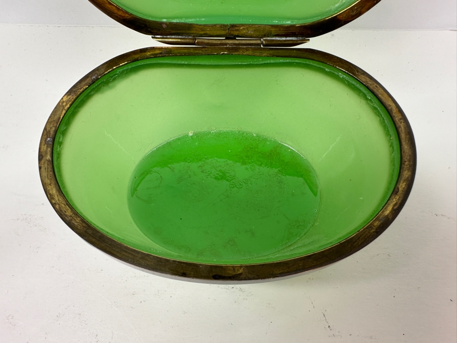 Antique Opaline Glass: Oval Green Box With Gold Decor 5'W X 3.5'D X 3.25'H Appraised $700 [Photo 9]