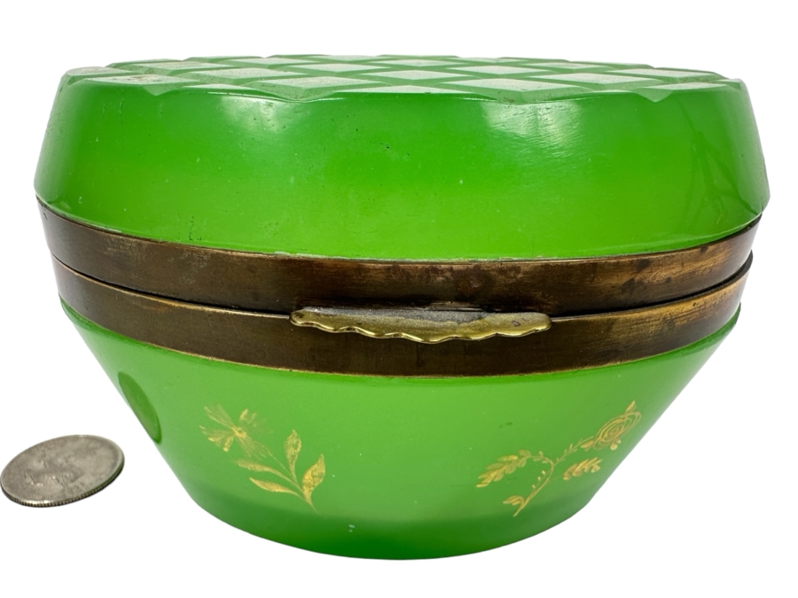 Antique Opaline Glass: Oval Green Box With Gold Decor 5'W X 3.5'D X 3.25'H Appraised $700 [Photo 1]