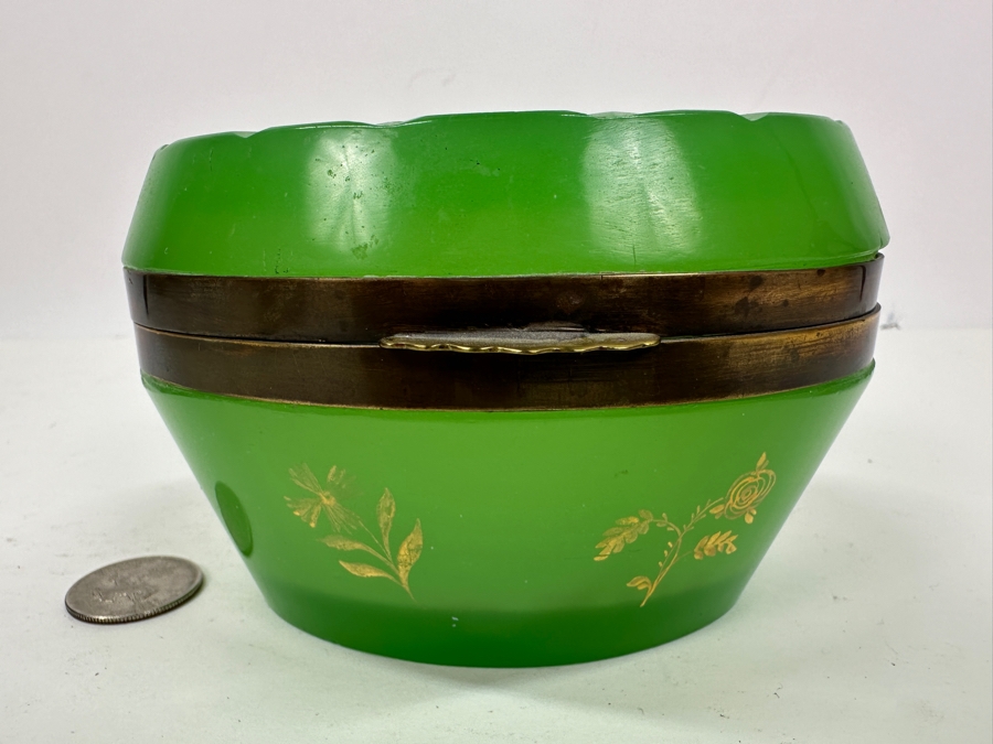 Antique Opaline Glass: Oval Green Box With Gold Decor 5'W X 3.5'D X 3.25'H Appraised $700 [Photo 4]