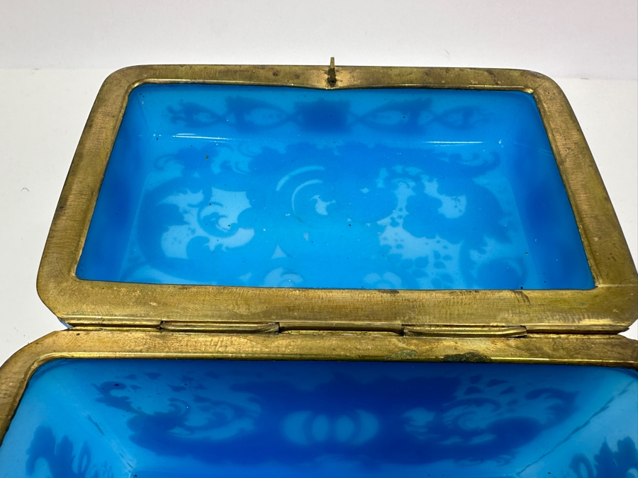 Antique Opaline Glass: Stunning Large Blue With Gold & White Decor 6'W X 3.75'D X 4.5'H Appraised $900 [Photo 17]