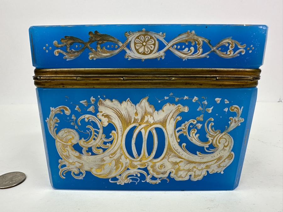 Antique Opaline Glass: Stunning Large Blue With Gold & White Decor 6'W X 3.75'D X 4.5'H Appraised $900 [Photo 11]